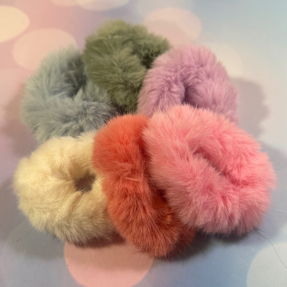 Plush Faux Fur Scrunchie Set - Pastel Mix lot of 6